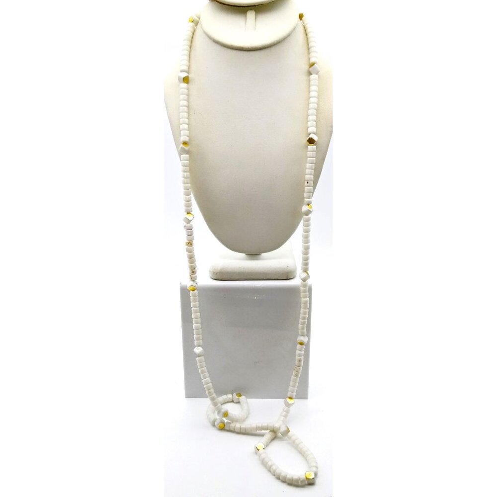 Vintage White & Gold Beaded Necklace, Flapper Length Lightweight Plastic